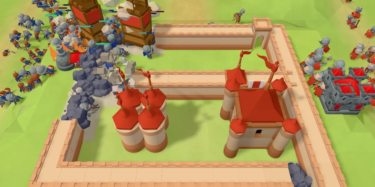 A castle wall caved in by rams, rubble spilling inside, while an army pours through the breach