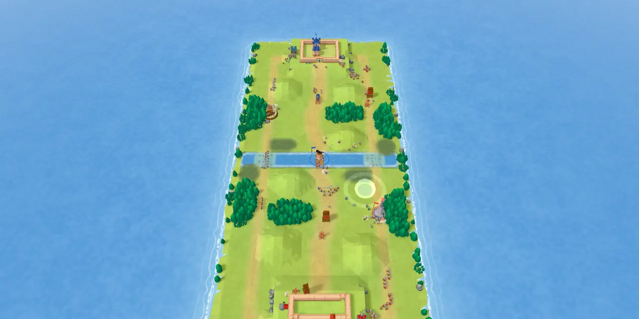 The whole island from above: a castle at each end, a river and a bridge in the middle, two armies meeting