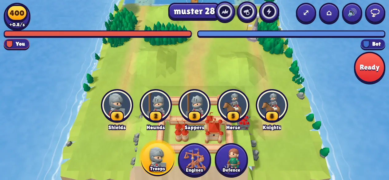 Castle Havoc on a phone: the muster, with the war chest and the Troops, Engines and Defence shelf