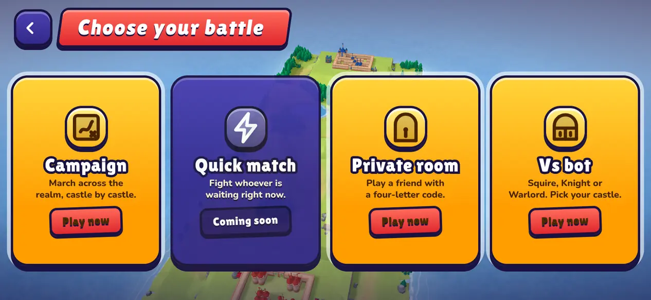 Castle Havoc on a phone: the Choose your battle screen with Campaign, Private room and Vs bot
