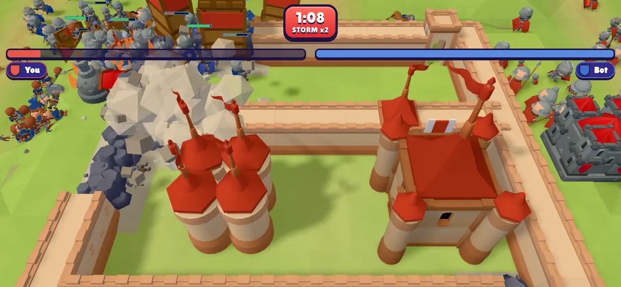 Castle Havoc on a phone: a breach in a castle wall, rubble and dust, rams at the gap