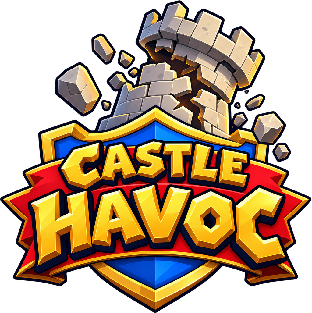 Castle Havoc: a shield with a crumbling tower on a red banner